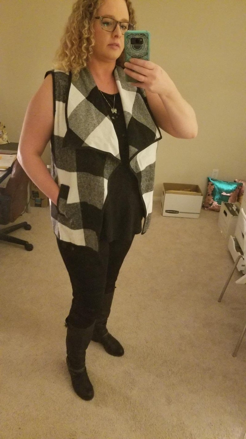 Unidear Womens Sleeveless Color Block Lapel Open Front Plaid Vest Cardigan with Pockets Black 2XL - Image 5